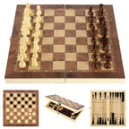 Wooden Chess Checkers Backgammon Set Portable Folding