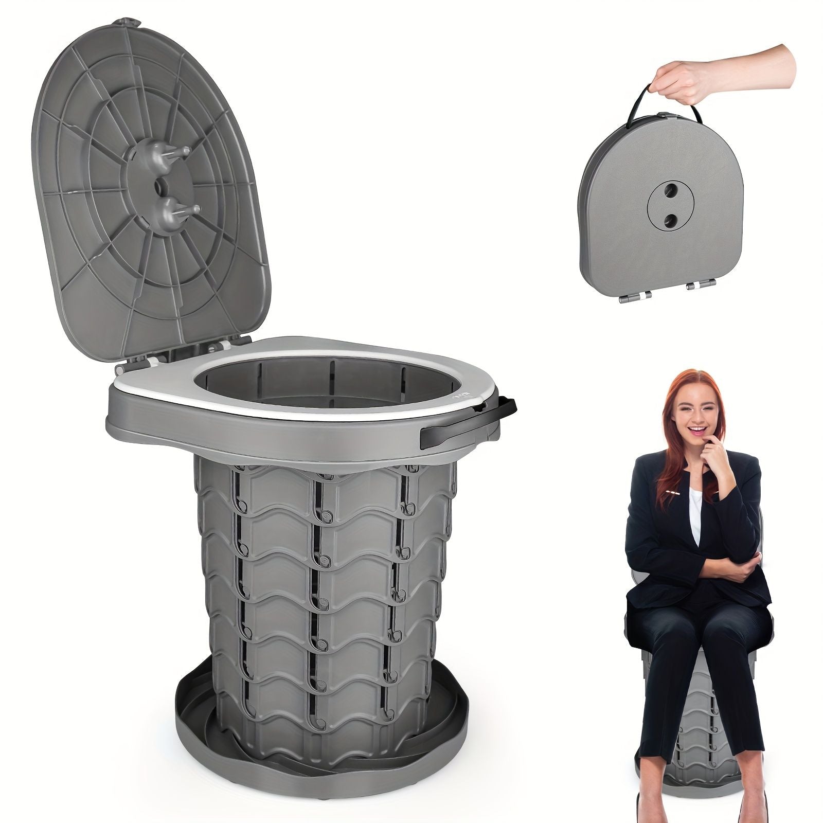 Black collapsible camping toilet, portable outdoor toilet, camping furniture Australia, lightweight camping gear, compact toilet for travel, camping sanitation solution