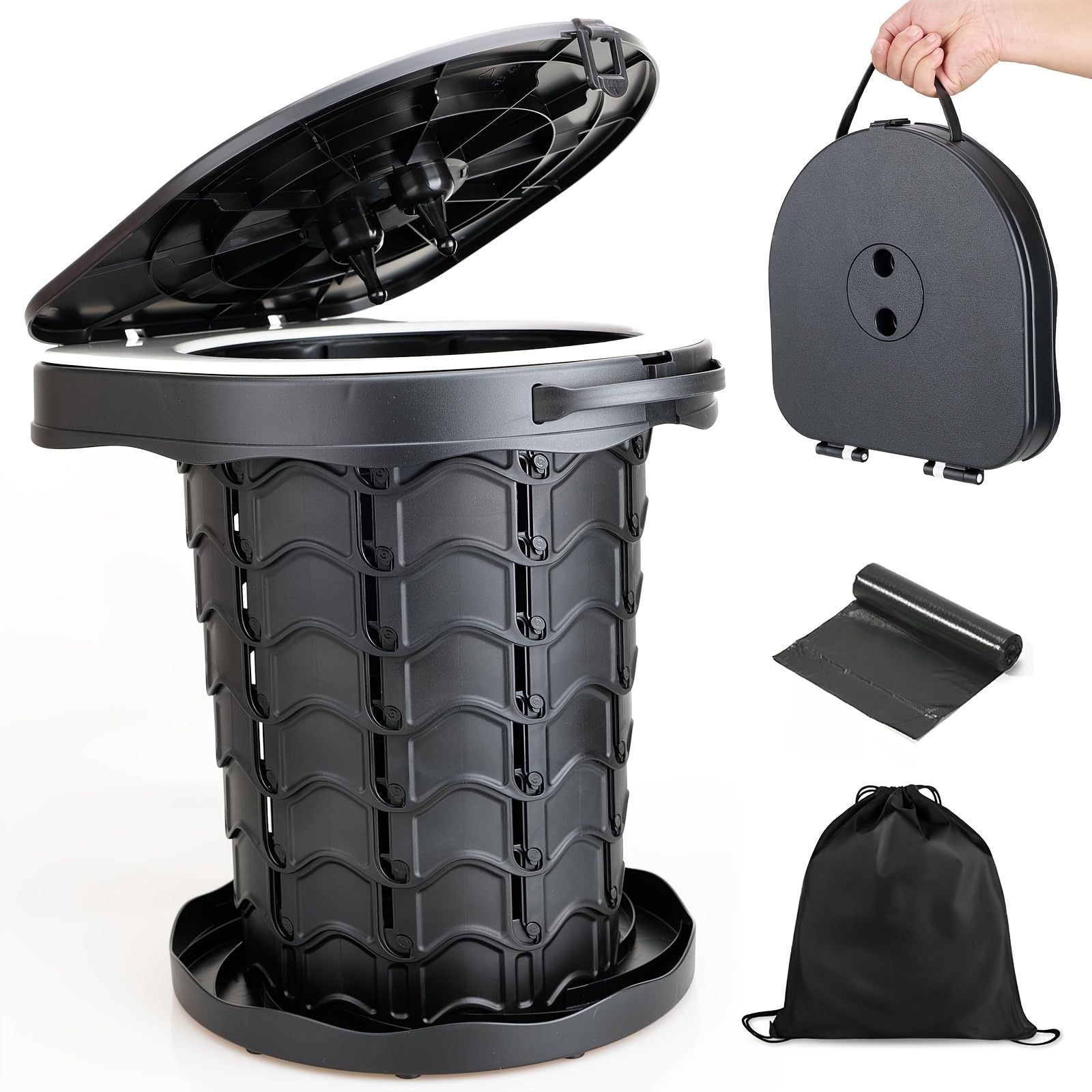 Black collapsible camping toilet, portable outdoor toilet, camping furniture Australia, lightweight camping gear, compact toilet for travel, camping sanitation solution
