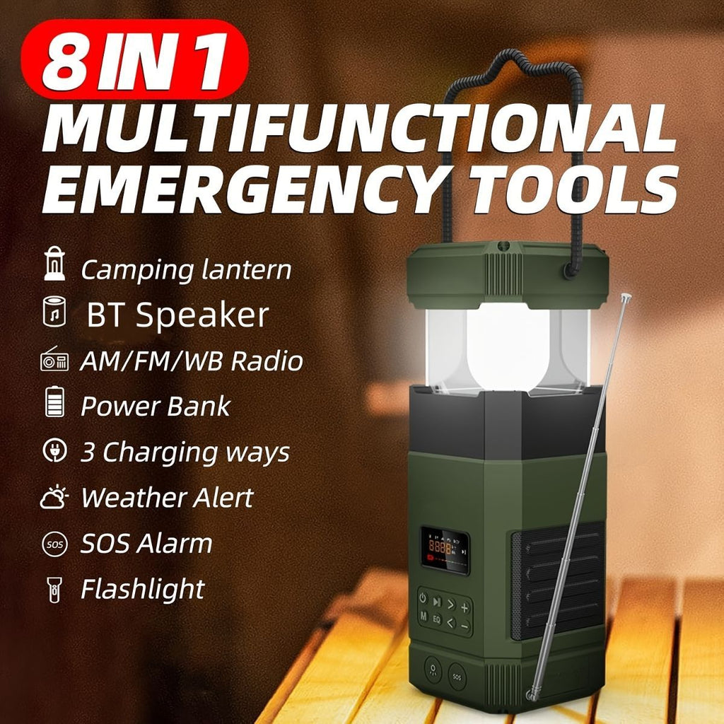 AM FM radio, NOAA weather alert radio, hand crank emergency radio, solar camping light, Bluetooth speaker radio, portable phone charger radio, outdoor survival radio, camping radio Australia, disaster preparedness radio, rechargeable weather radio - Green