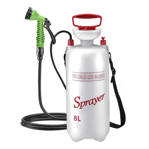 White Silver Gold portable camping shower, outdoor shower sprayer, 8L camping shower, high-quality camping gear, hand-pump shower, camping accessories, outdoor hygiene, travel shower, beach shower, hiking gear