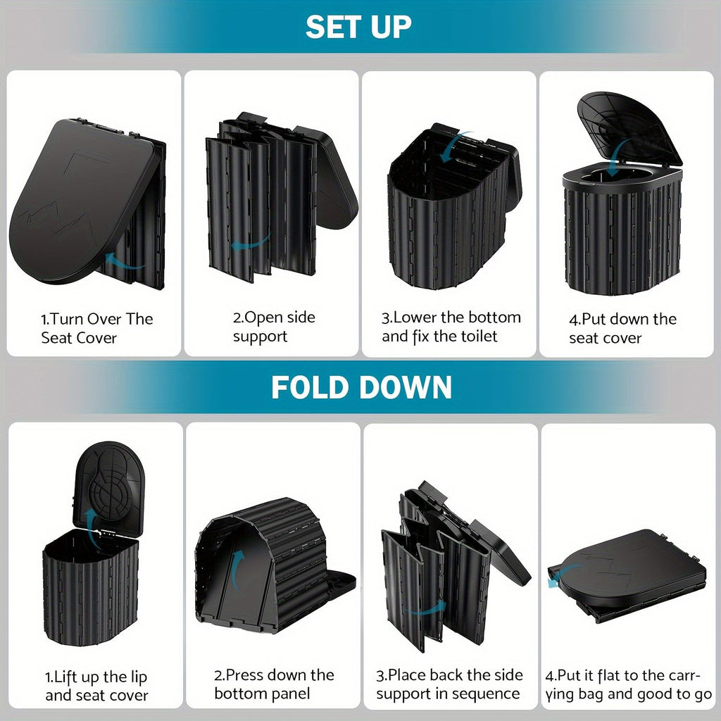 Black collapsible camping toilet, portable outdoor toilet, camping furniture Australia, lightweight camping gear, compact toilet for travel, camping sanitation solution