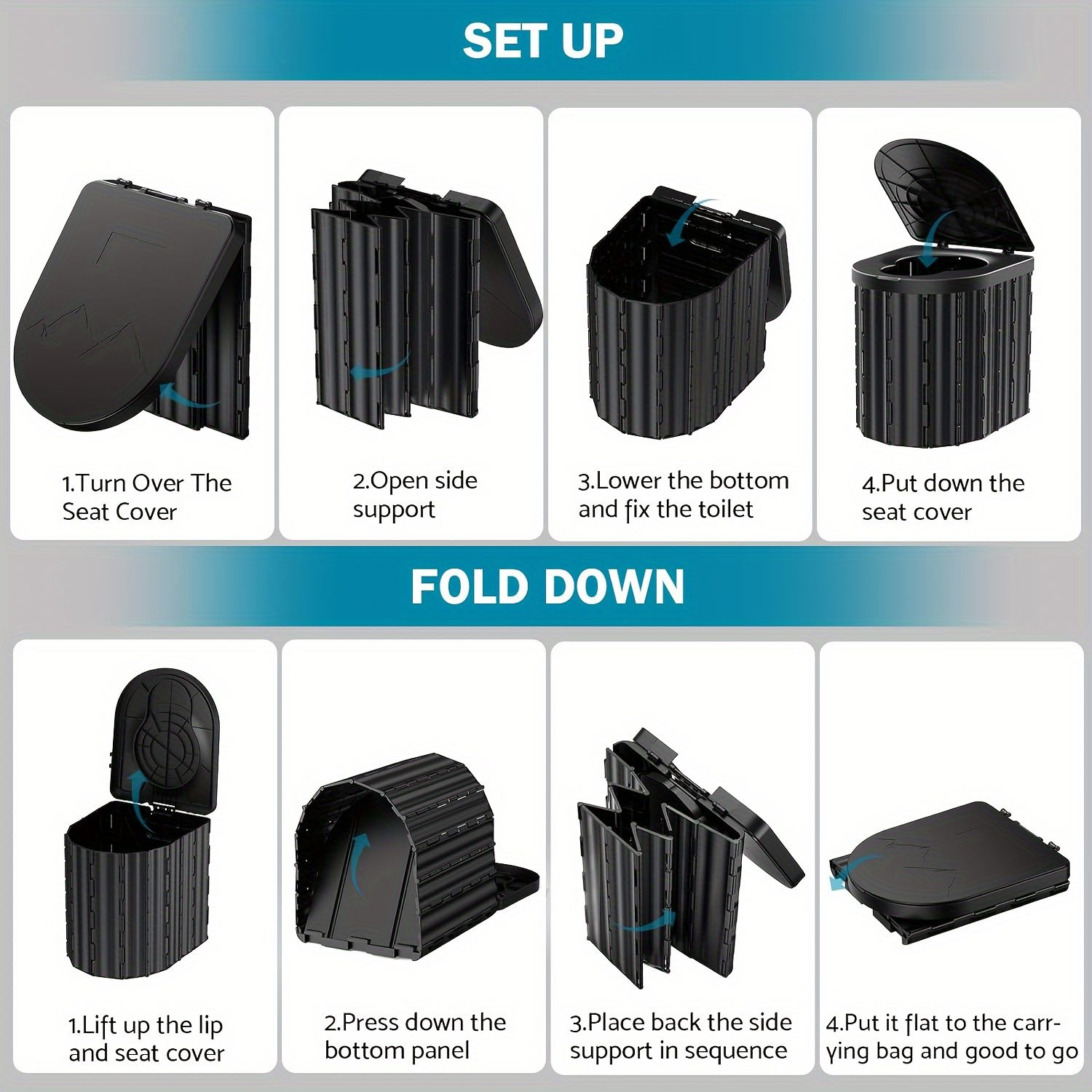 Black collapsible camping toilet, portable outdoor toilet, camping furniture Australia, lightweight camping gear, compact toilet for travel, camping sanitation solution