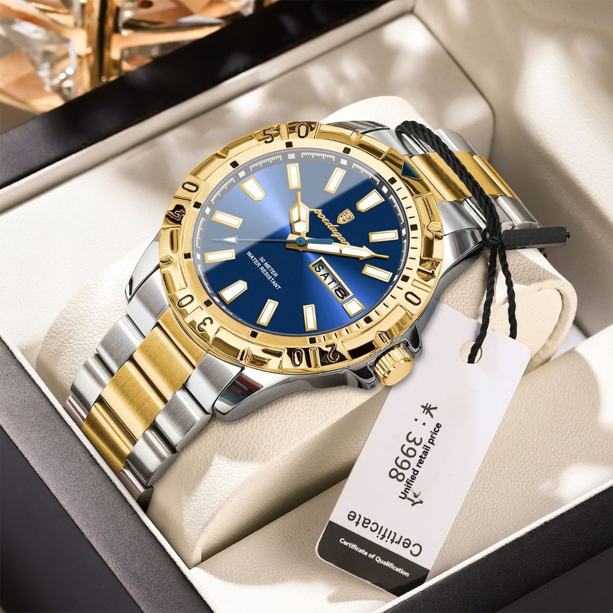 Men'S Watch Stainless Steel Watch Blue Dial Watch Water-Resistant Watch - 959 Gold, Silver, Green - Size 01