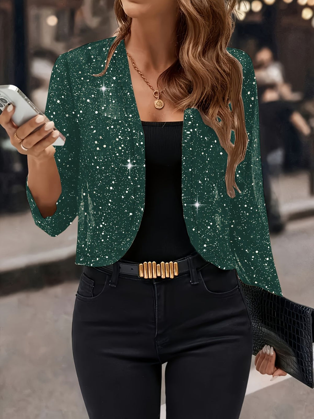Sparkly Women'S Jacket Sheer Jacket Women'S Outerwear Fashion Jacket Glamorous - Black - Size L