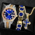 Men'S Watch Set Luxury Men'S Watch Artificial Gemstone Bracelet Cross Necklace - Blue - Size 1