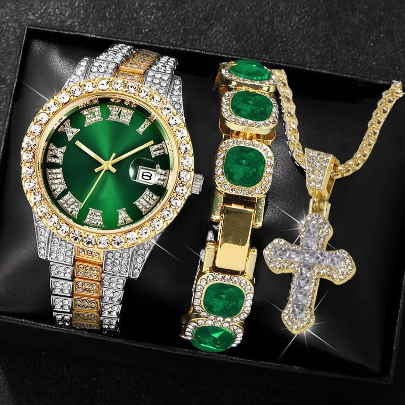 Men'S Watch Set Luxury Men'S Watch Artificial Gemstone Bracelet Cross Necklace - Red - Size 1