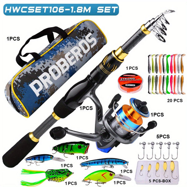 Proberus fishing rod reel set, including spinning reel, 1.8-meter fishing rod, fishing line, artificial bait, lead weight hook, complete set with storage bag
