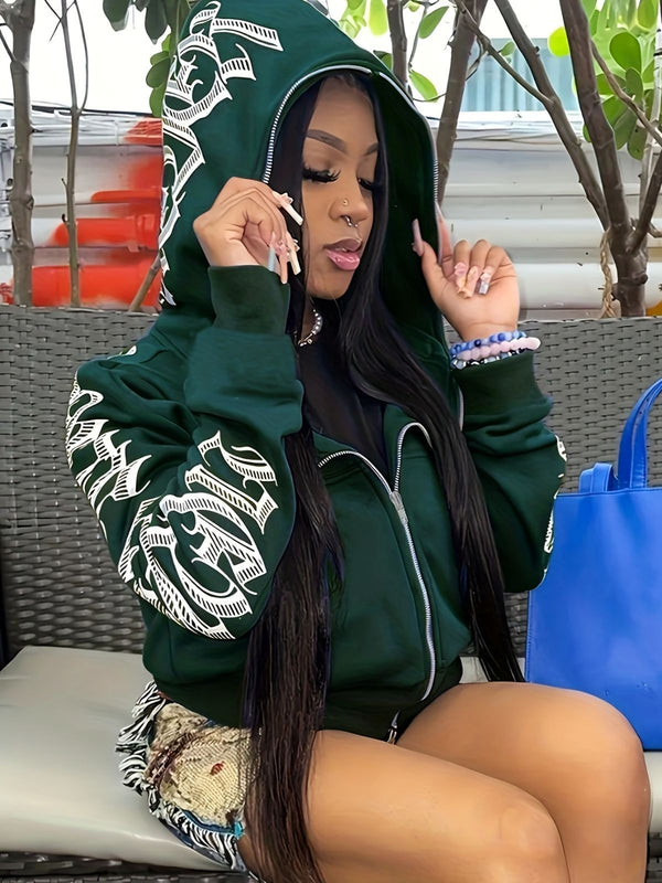 Y2k Hoodie Gothic Streetwear Women'S Zip-Up Jacket Letter Print Hoodie - Dark Green - Size M(AU M/EU48)