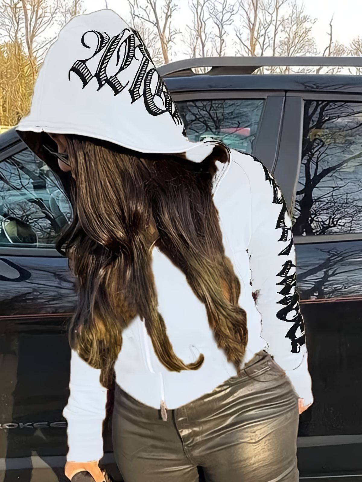 Y2k Hoodie Gothic Streetwear Women'S Zip-Up Jacket Letter Print Hoodie - Gray - Size L(AU L/EU50)