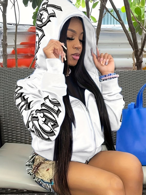 Y2k Hoodie Gothic Streetwear Women'S Zip-Up Jacket Letter Print Hoodie - White - Size L(AU L/EU50)