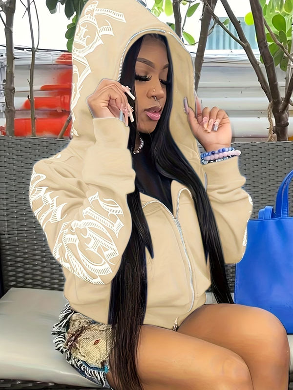 Y2k Hoodie Gothic Streetwear Women'S Zip-Up Jacket Letter Print Hoodie - Khaki - Size L(AU L/EU50)