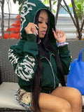 Y2k Hoodie Gothic Streetwear Women'S Zip-Up Jacket Letter Print Hoodie - Dark Green - Size XL(AU XL/EU52)