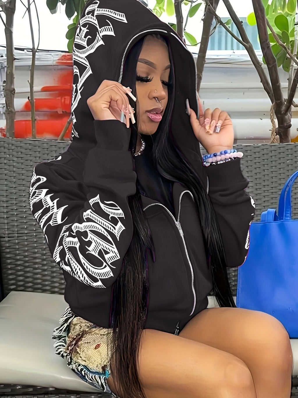 Y2k Hoodie Gothic Streetwear Women'S Zip-Up Jacket Letter Print Hoodie - Light Purple - Size M(AU M/EU48)