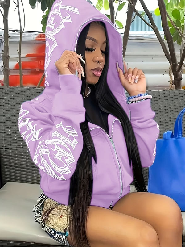 Y2k Hoodie Gothic Streetwear Women'S Zip-Up Jacket Letter Print Hoodie - Light Purple - Size S(AU S/EU46)