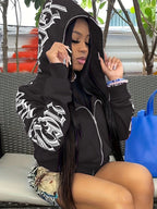 Y2k Hoodie Gothic Streetwear Women'S Zip-Up Jacket Letter Print Hoodie - Light Purple - Size S(AU S/EU46)