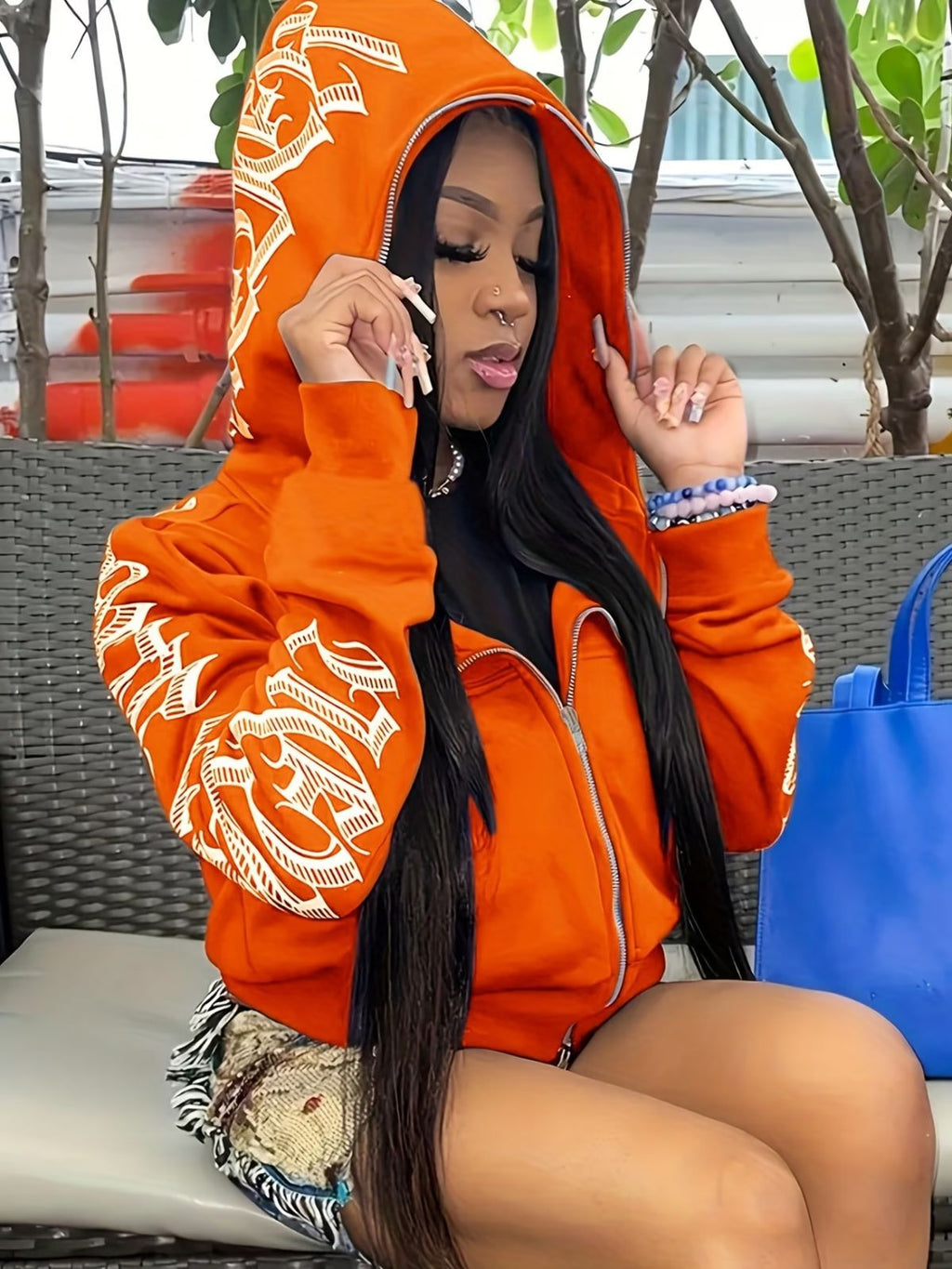 Y2k Hoodie Gothic Streetwear Women'S Zip-Up Jacket Letter Print Hoodie - Tangerine - Size 2XL(AU 2XL/EU54)