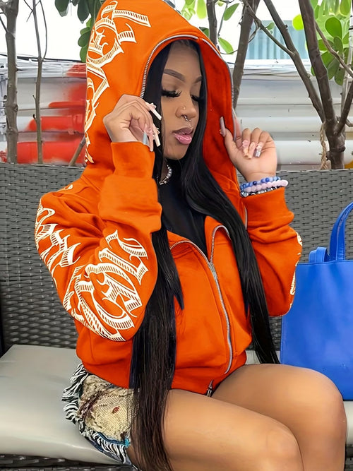 Y2k Hoodie Gothic Streetwear Women'S Zip-Up Jacket Letter Print Hoodie - Tangerine - Size 2XL(AU 2XL/EU54)