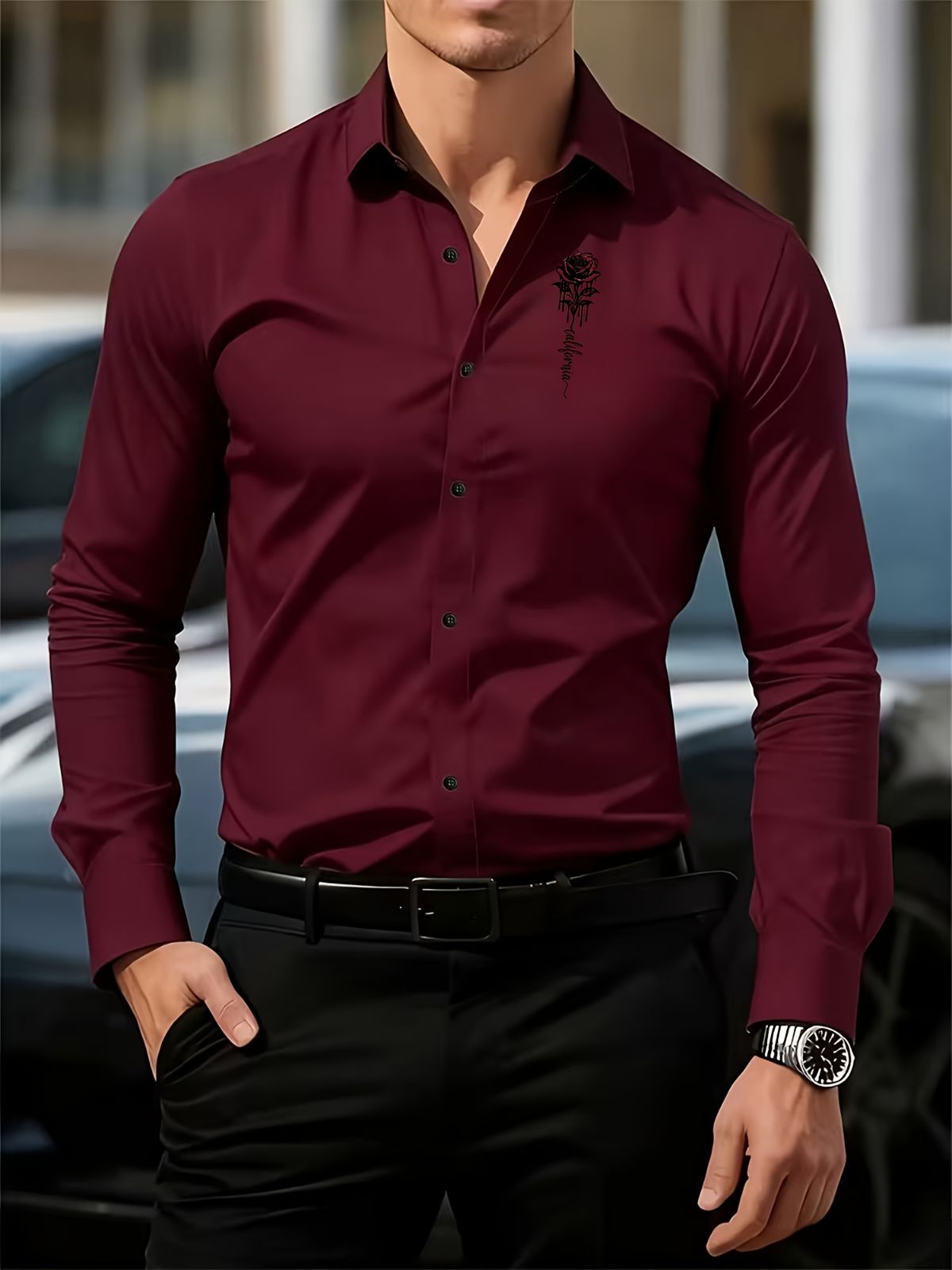 Men'S Formal Shirt Slim Fit Dress Shirt Long Sleeve Shirt Printed Shirt - Purple - Size L(AU L/EU50)