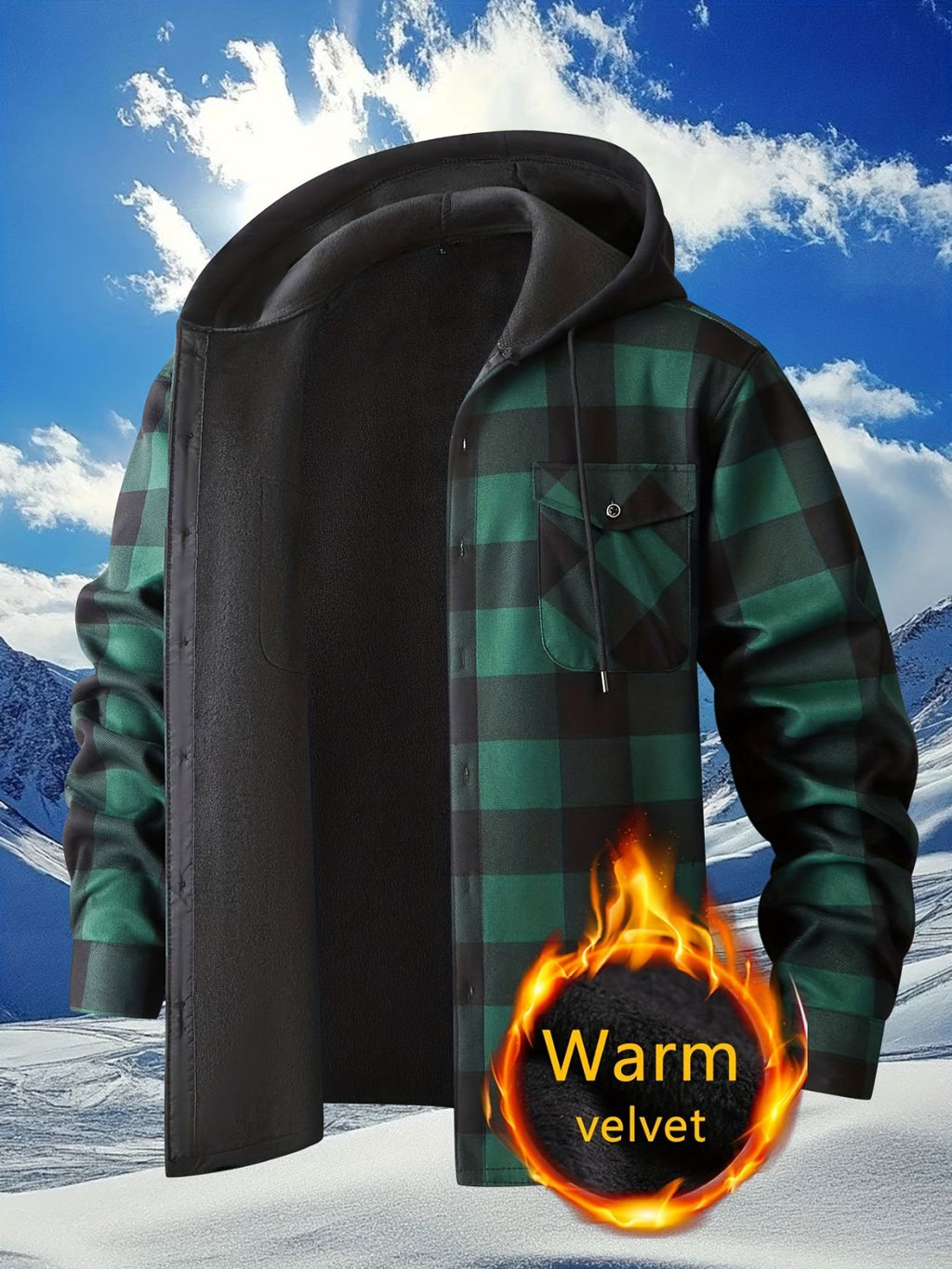 Plaid Hooded Jacket with Velvet Lining - Green - Size 2XL(AU 2XL/EU54)