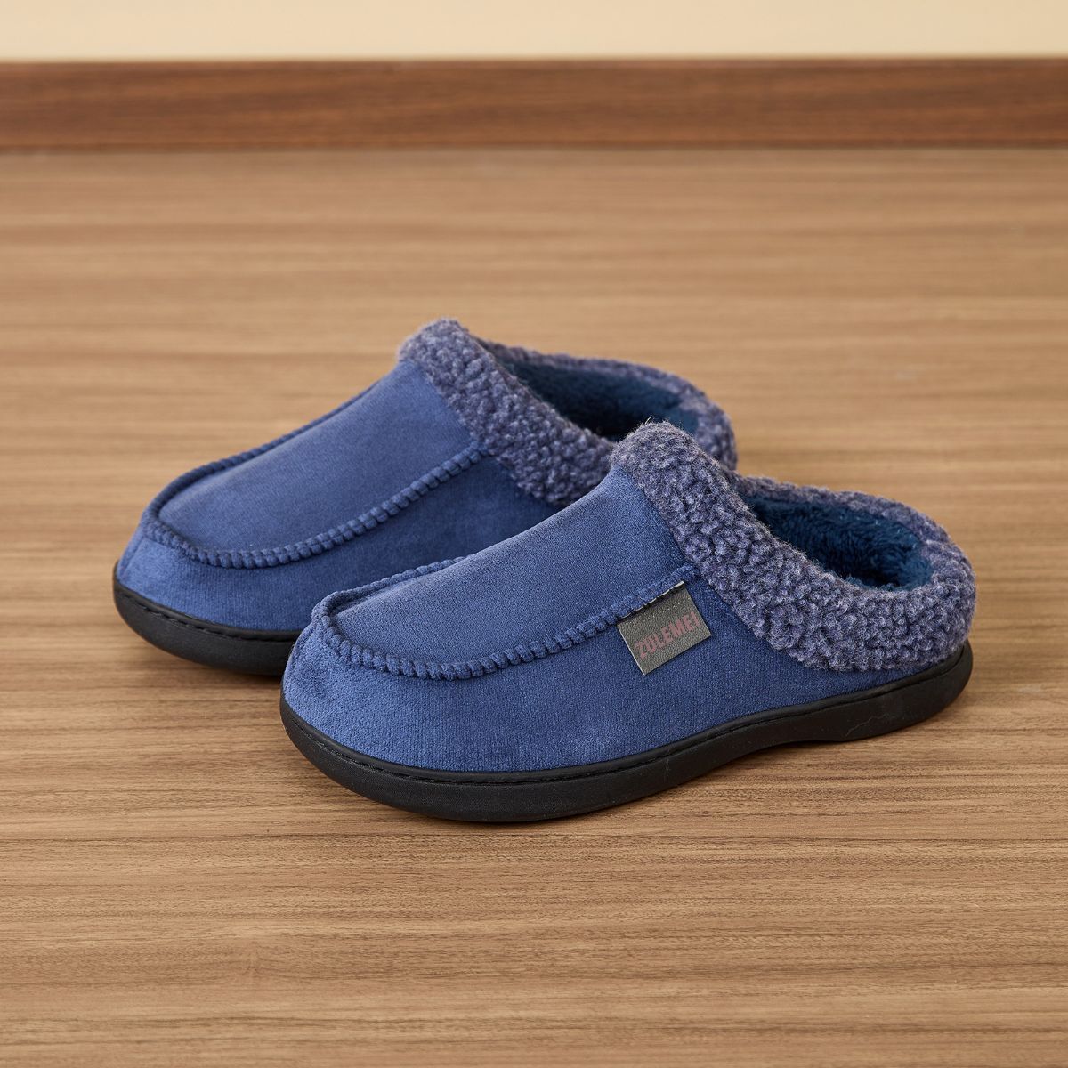 Men's Suede Slippers with Fleece Trim - Blue - Size 11(AU11/EU44)