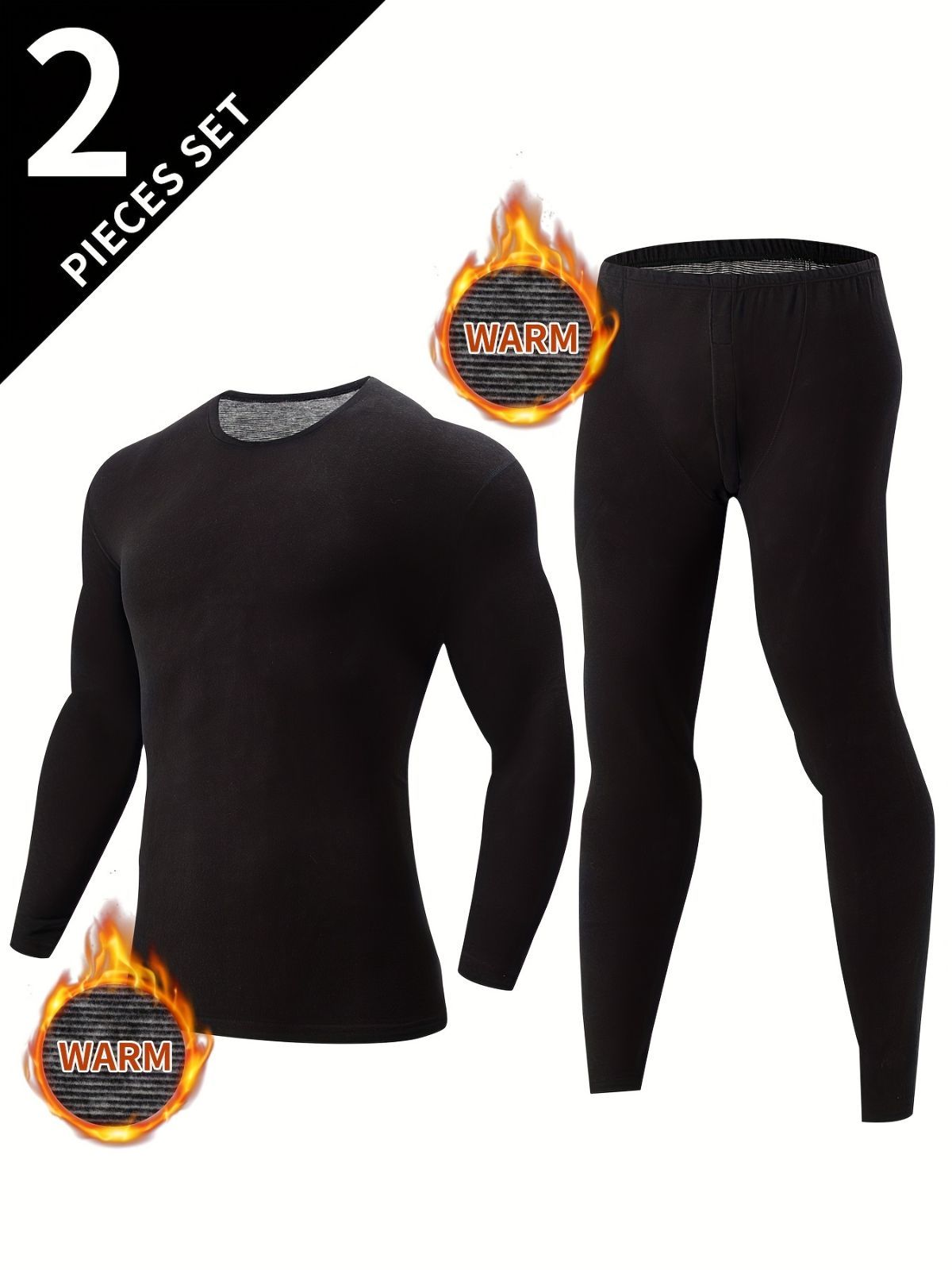 Men's Thermal Underwear Set 2-Piece Long Sleeve Top & High-Waist Pants - Black - Size L(AU L/EU50)