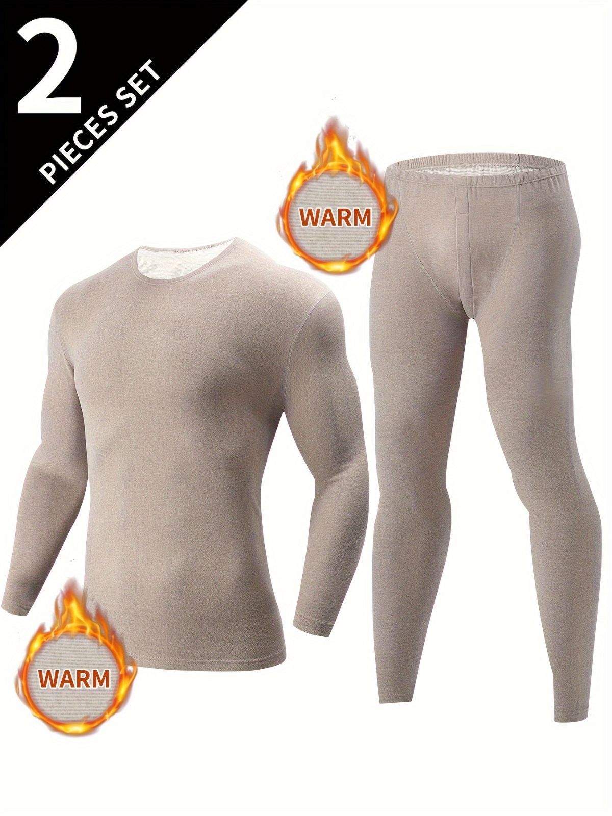 Men's Thermal Underwear Set 2-Piece Long Sleeve Top & High-Waist Pants - Beige - Size 2XL(AU 2XL/EU54)