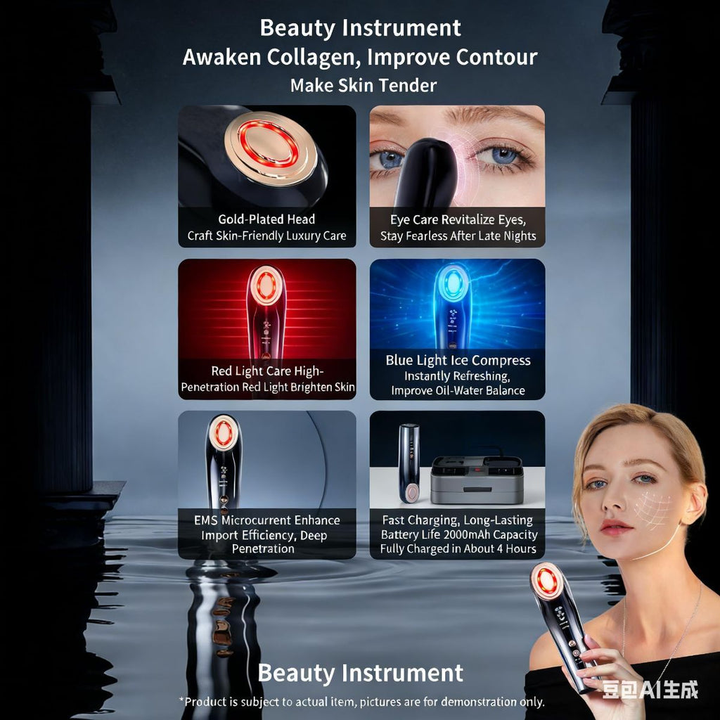At-Home Facial Massager Beauty Device, 4-in-1 Microcurrent Face Lifting Tool with Red Light Therapy, Eye Care & Serum Infusion, Portable Skin Tightening Machine
