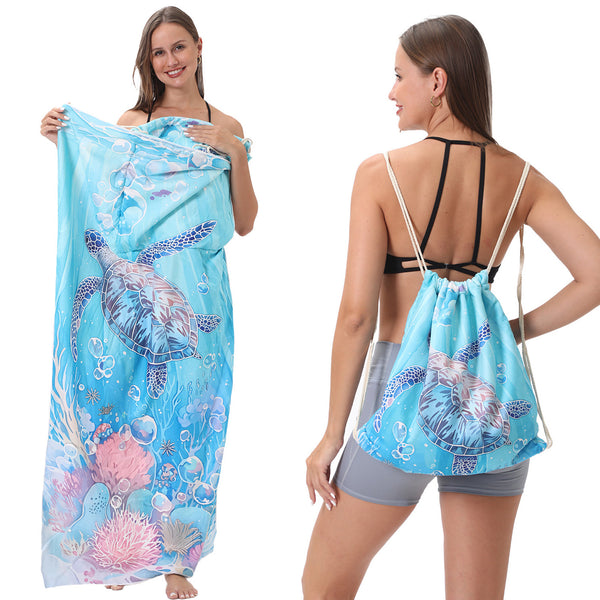 Dual-Function Foldable Beach Towel with Built-in Backpack – Soft Microfiber Towel & Compact Carry Bag in One, 55-Inch Large Size for Swimming, Travel, Picnic (Tortoise,Colorful)