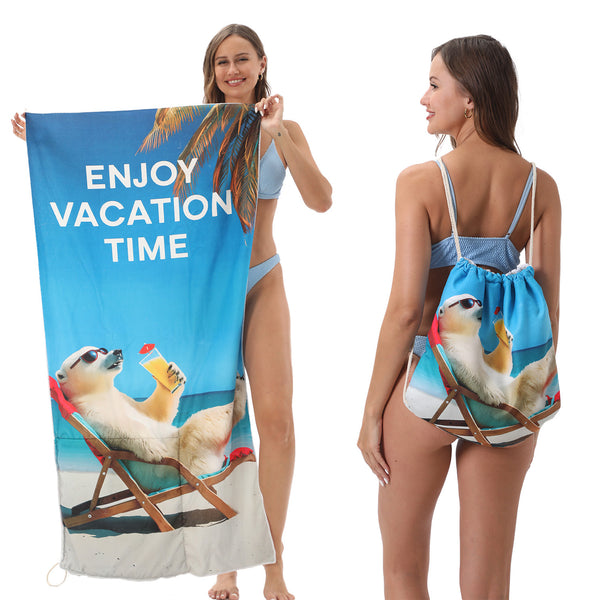 Dual-Function Foldable Beach Towel with Built-in Backpack – Soft Microfiber Towel & Compact Carry Bag in One, 55-Inch Large Size for Swimming, Travel, Picnic (Polar bear,Colorful)