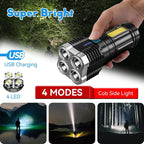 Super Bright LED Torches, Usb Rechargeable Torch With Side Light 4 Modes Cob Powerful Lumens For Outdoor Camping Torch