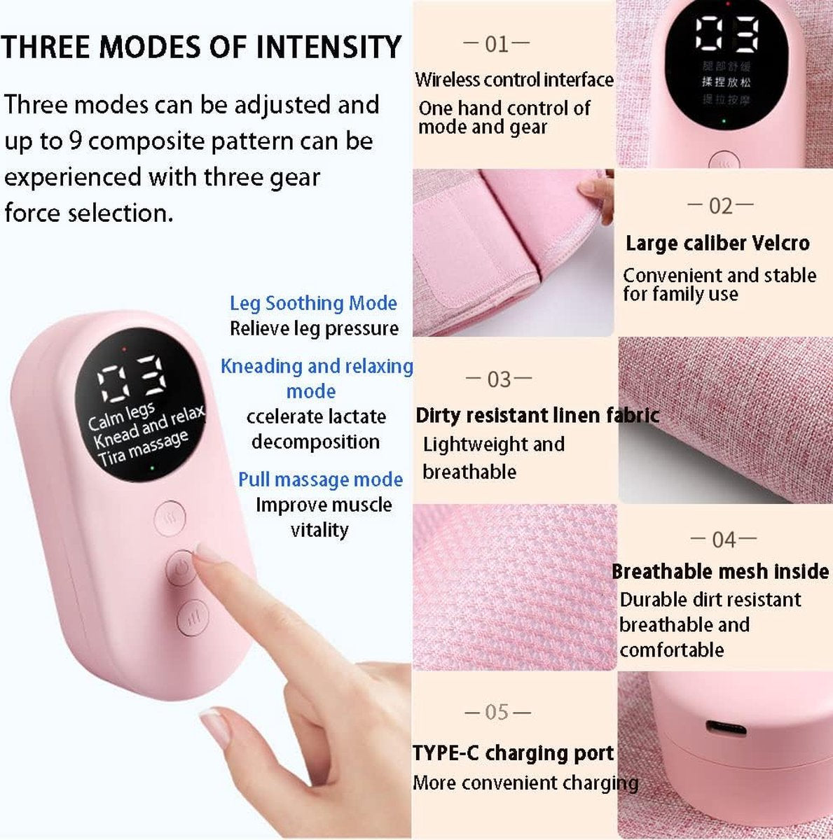 Leg massager - Calf massager - Leg massager for blood circulation -  Cordless massage - Air compression - Relieves leg pain - Adjustable intensity (pink)