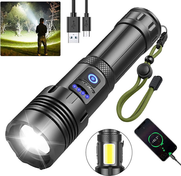 Flashlight - Rechargeable LED - Military Flashlight - 100,000 lumens - with 7 modes - COB side light - Waterproof - For emergencies, camping, home