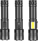 Flashlight - Rechargeable LED - Military Flashlight - 100,000 lumens - with 7 modes - COB side light - Waterproof - For emergencies, camping, home