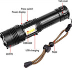 Flashlight - Rechargeable LED - Military Flashlight - 100,000 lumens - with 7 modes - COB side light - Waterproof - For emergencies, camping, home