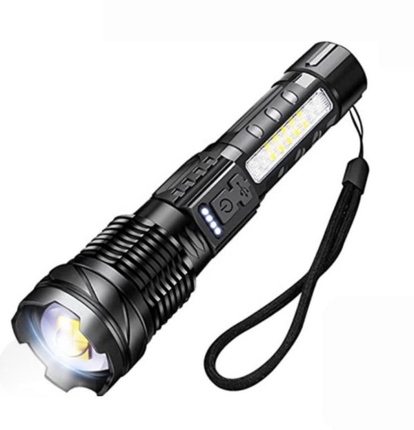 Waterproof and powerful LED flashlight - 10,000 lumens - 5 lighting modes - Rechargeable and zoomable - Long beam - Survival and outdoor use - Batteries included - USB-C rechargeable - Emergency kit - Camping