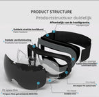 Ski goggles to wear over glasses, with double-layered lenses, anti-fog treatment and UV protection. Suitable for men, women and teenagers who ski and snowmobile.
