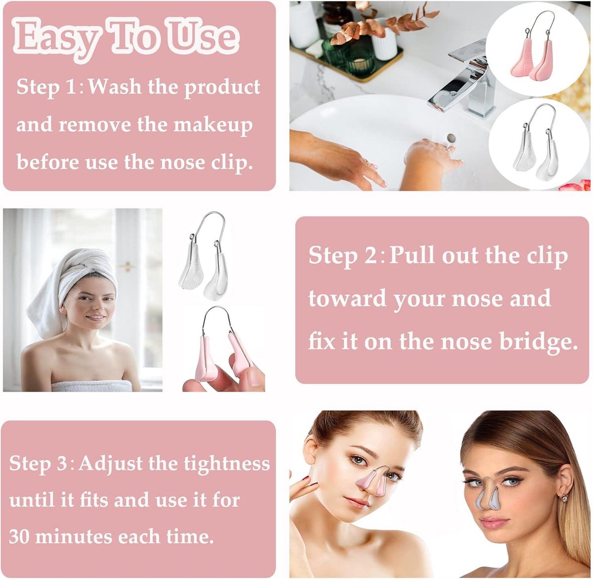 Silicone nose clips for women with wide noses (2 pieces) (transparent pink)