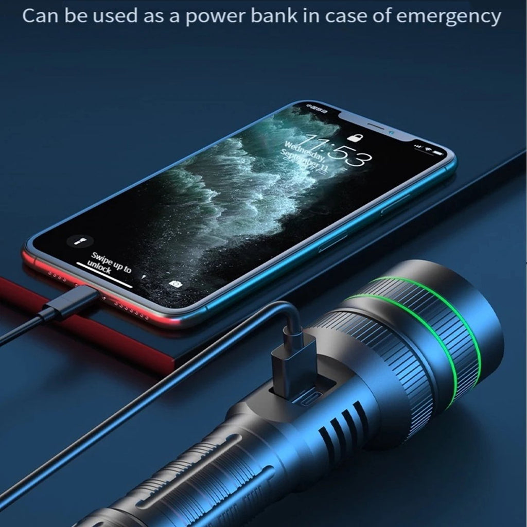 Rechargeable LED Flashlight - Military Flashlight - 5000 lumens - 26650 rechargeable battery - 6 modes - Power bank function - IP67 waterproof - Battery-powered flashlight