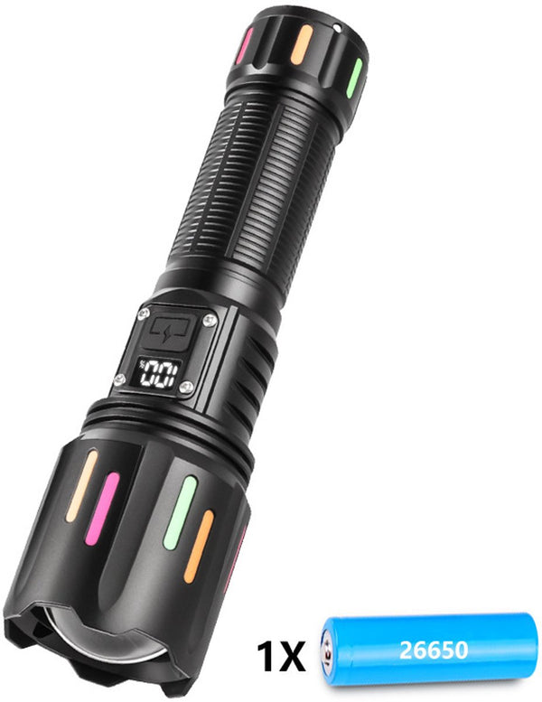 High power white laser LED flashlight, waterproof Type-C rechargeable zoom flashlight for outdoor use - including 26650 battery.