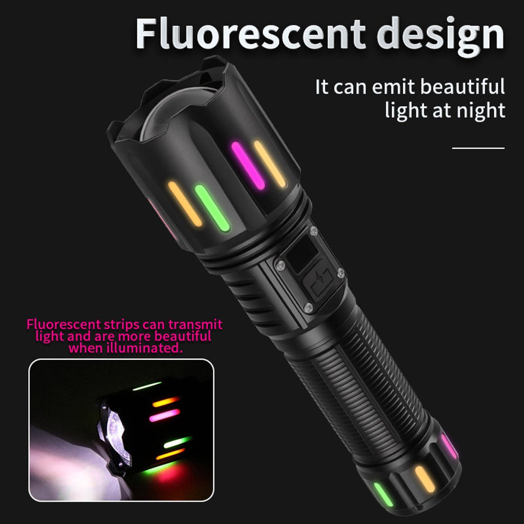 High power white laser LED flashlight, waterproof Type-C rechargeable zoom flashlight for outdoor use - including 26650 battery.