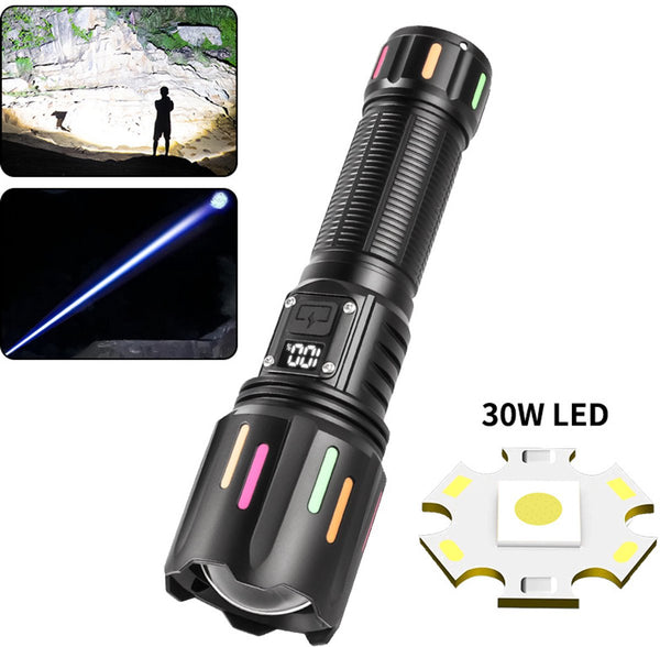 High power white laser LED flashlight, rechargeable zoom waterproof Type-C flashlight for outdoor use - batteries not included.