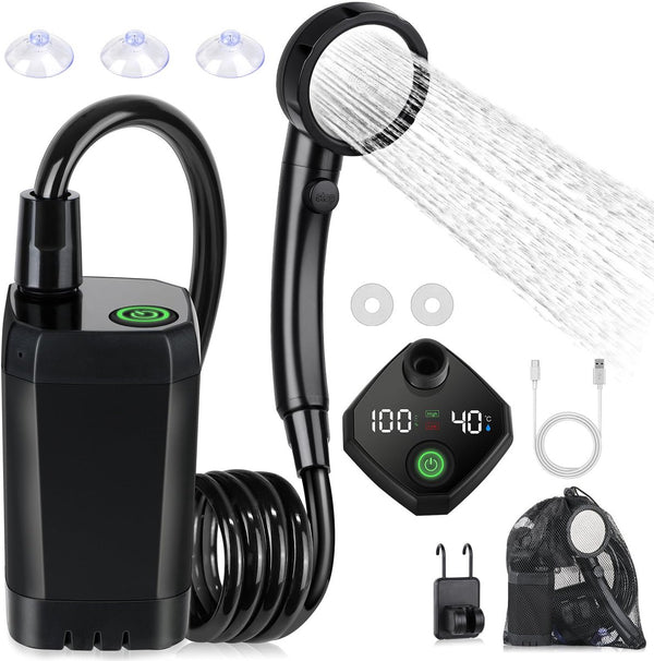 Portable Camping Shower - 6000mAh Rechargeable Shower Pump - With Smart LED Display - 4 Spray Modes - IPX7 Waterproof Outdoor Shower - For Hiking, Travel, Car, Pets - Black