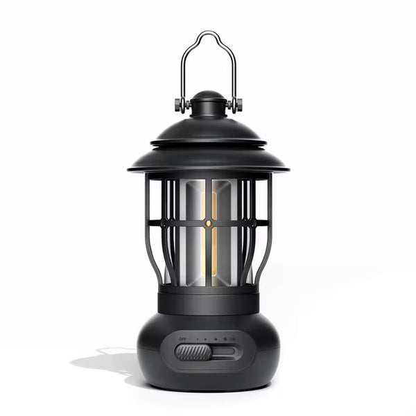 Rechargeable Camping Lantern – Retro Camping Lamp – Dimmable COB Hanging Light for Tent, Camping, Fishing, Hiking, etc. – Black