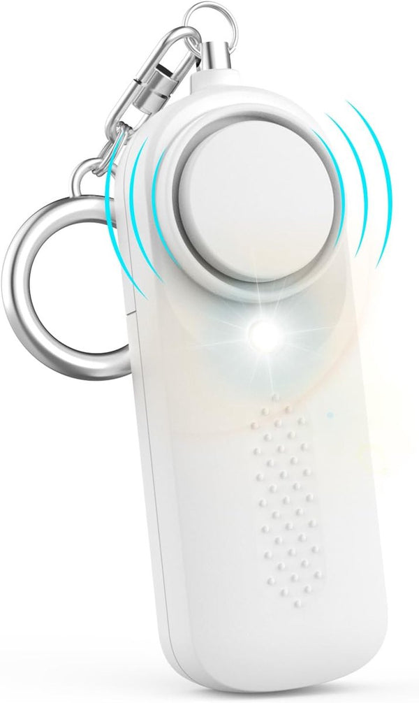 Personal Alarm - 130 dB - Security Siren - Self-Defense Siren - With LED Light-Up Keyring - For Children, Women, Students and Seniors (White)