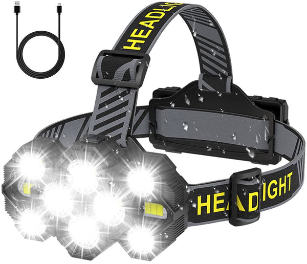 Headlamp - Rechargeable LED Headlamp - 10 LEDs - Extra powerful - 1000 lumens - 150-meter beam distance - Adjustable