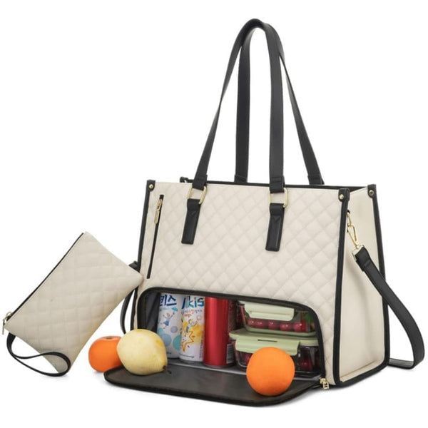Beige Insulated Cooler Laptop Bag with Leakproof Food Compartment