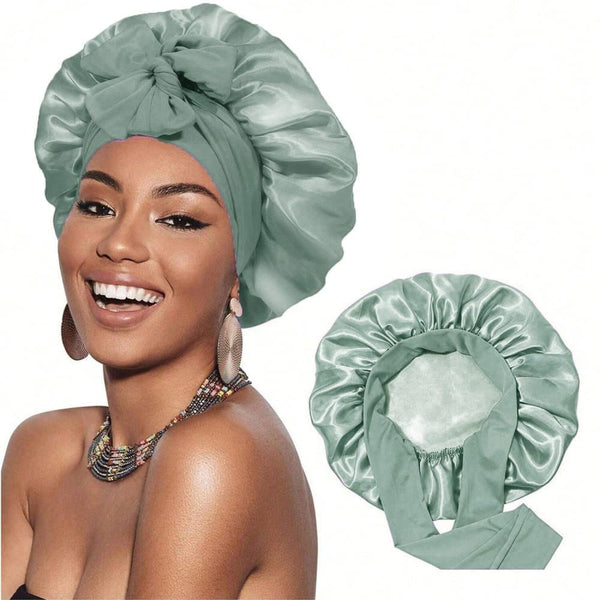 Silky Satin Sleeping Cap for Women and Girls, Double Layer Hair Protection, Adjustable Fit, Light Green