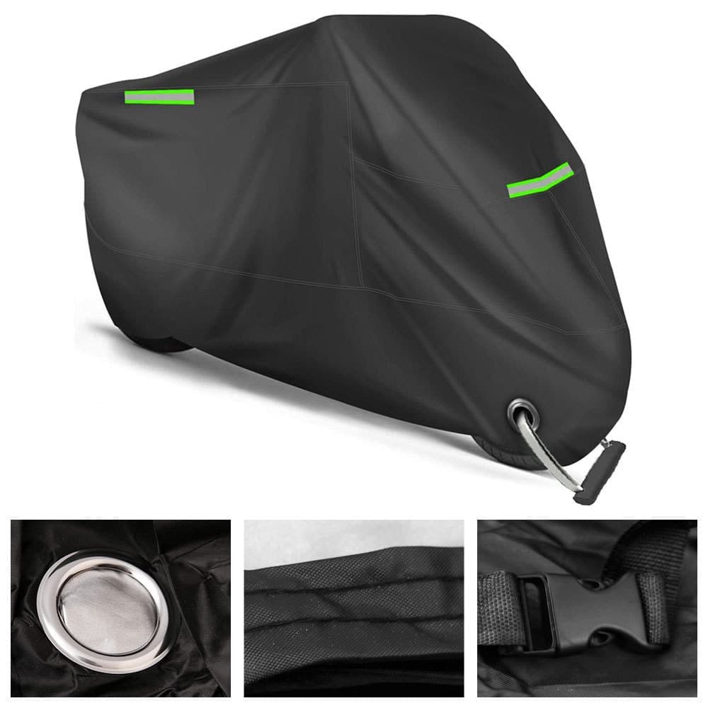 1x Waterproof Motorcycle and Moped Cover with Reflective Strips, Rain UV Dust Resistant Black, 245x105x125cm