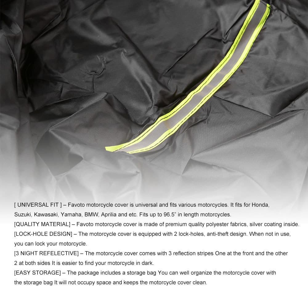 Waterproof Motorcycle and Moped Cover with Reflective Strips, Rain UV Dust Resistant Black, 230x95x125cm